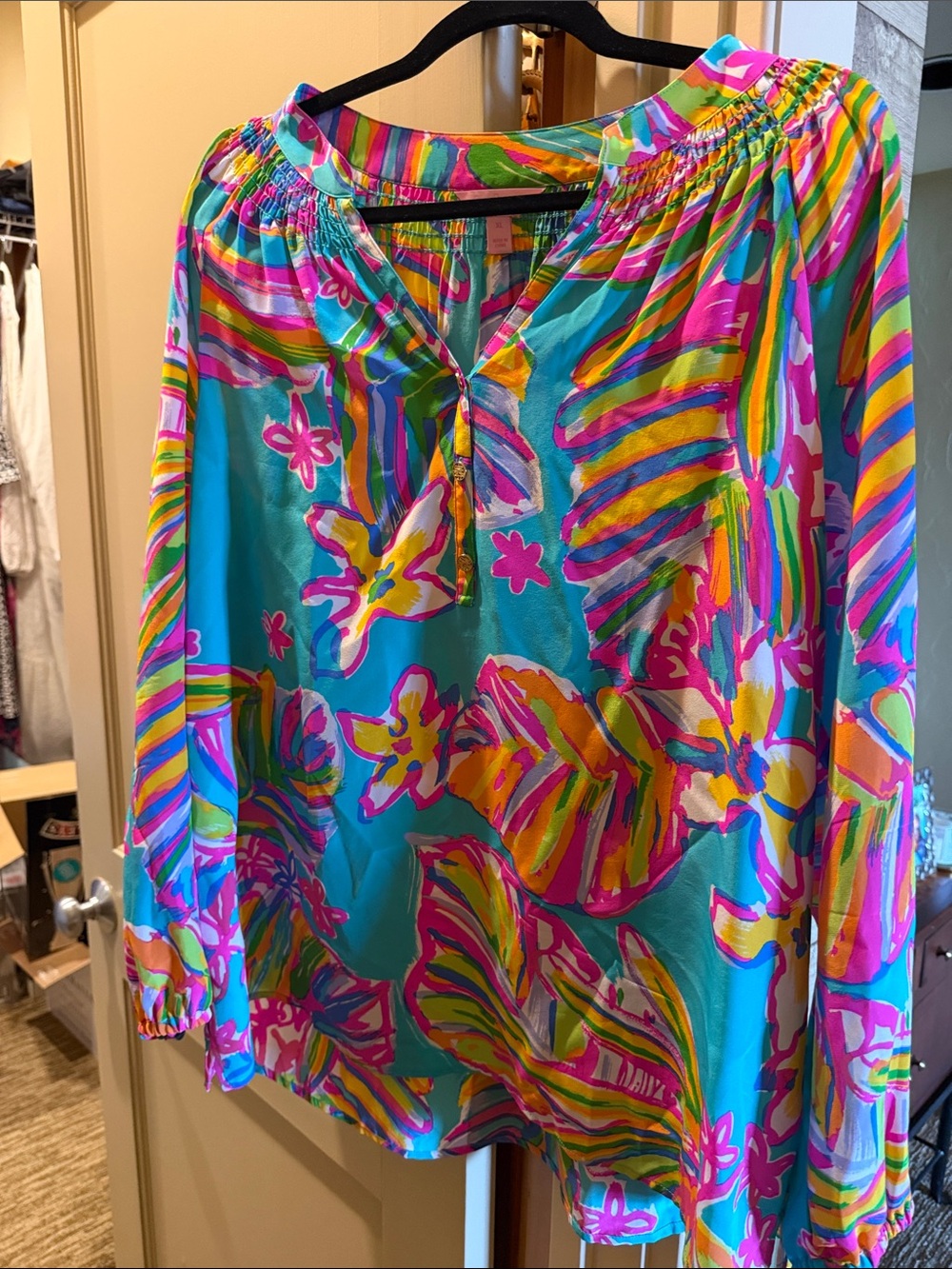 Lilly Pulitzer Teal Floral Tunic with Pink & Yellow Accents
